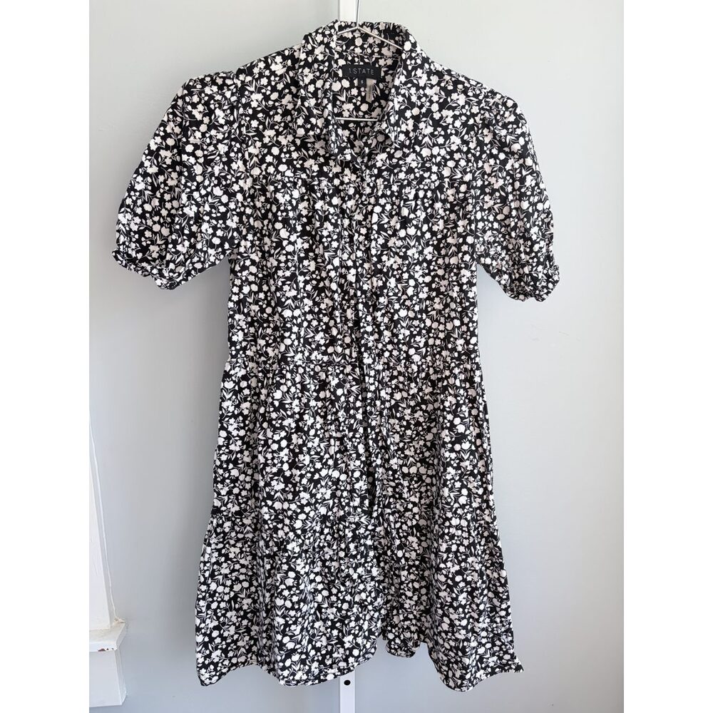 Black White Ditsy Floral Cotton Puff Sleeve Button Front Mini Dress M